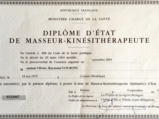 Diplome Etat masseur-kinesitherapeute O. Gouronc