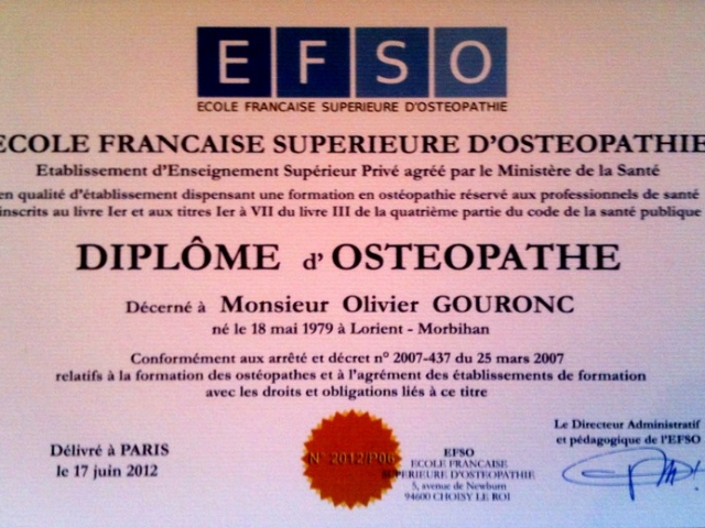 Diplome osteopathe olivier gouronc