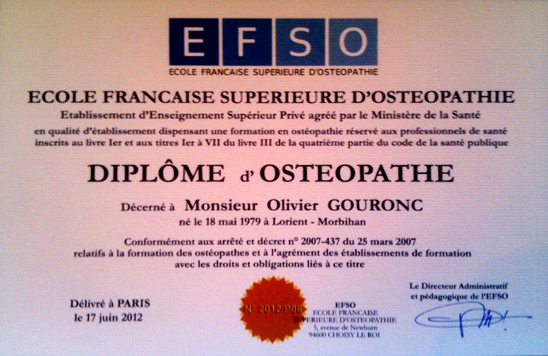 Diplome osteopathe olivier gouronc